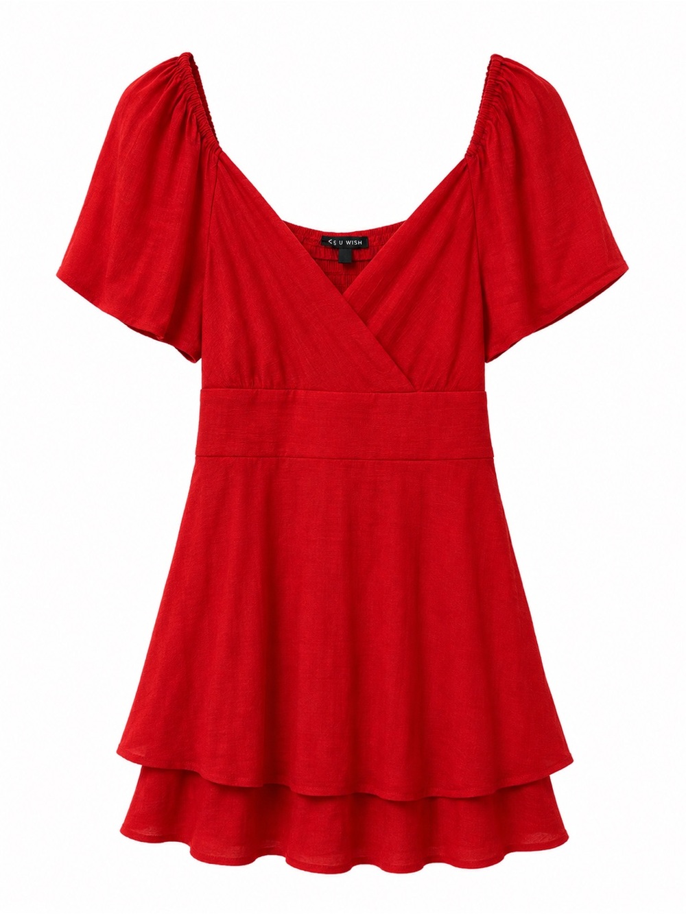 Red V-Neck Ruffle Tiered Dress - Women